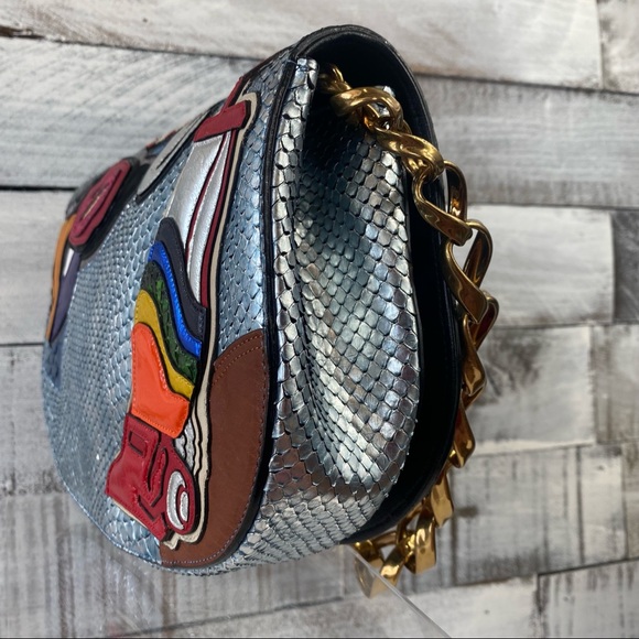 Mark Jacobs Blue Leather Snakeskin flap bag pop art lips straw vacuum eye plug - Picture 3 of 9